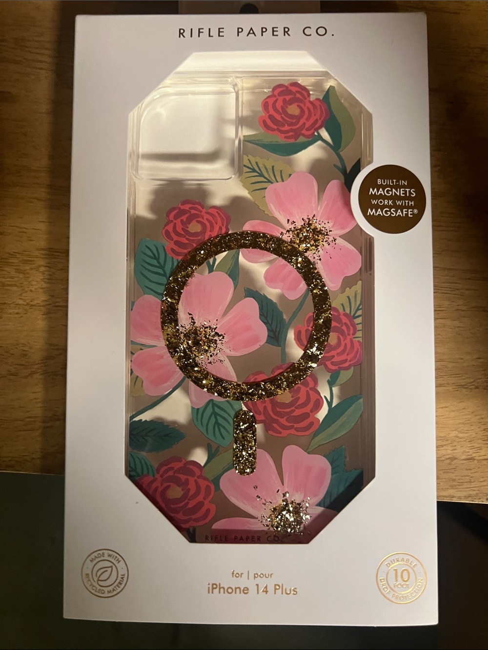 Rifle Paper Co. Pink Floral iPhone 14 Plus Case with Gold Glitter MagSafe Ring